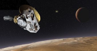 A rendition of New Horizons flying by Pluto