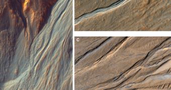 Martian gullies show the same channels, terraces, and other features seen in water-carved regions on Earth