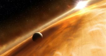 An artist's impression of how an exoplanet may look like while orbiting its parent star inside its debris disk