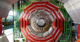 A picture of the Compact Muon Solenoid (CMS) detector at the LHC