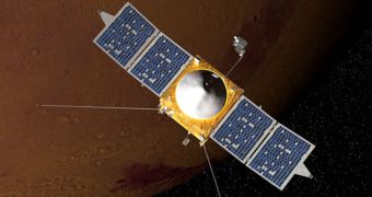 Rendition of the MAVEN orbiter flying above the Red Planet