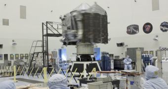 MAVEN undergoing a pre-launch spin test at a KSC facility