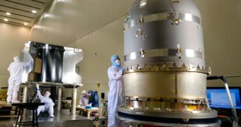This photo shows the large hydrazine propellant tank prior to its installation in the core structure of the MAVEN spacecraft at a Lockheed Martin clean room, near Denver