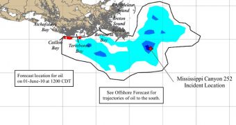 NOAA diagram showing the current extent of the oil spill