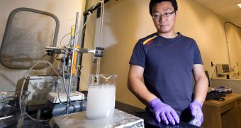 Purdue doctoral student Go Choi watches hydrogen being generated in a new process to extract the gas from seawater