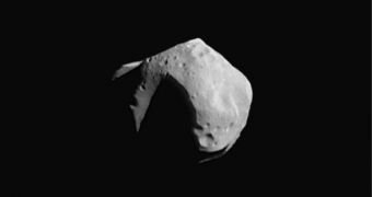 253 Mathilde, a C-type asteroid measuring about 50 kilometres (31.1 miles) across. Photograph taken in 1997 by the NEAR Shoemaker probe