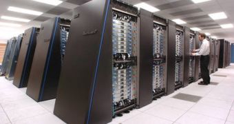 A photo of the new IBM Blue Gene/P supercomputer, recently named the fastest computer for open science in the world