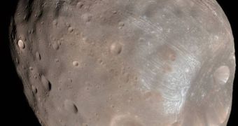 A close-up of Mars' moon Phobos, taken by NASA's MRO orbiter in 2008