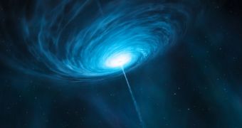This is an artist’s impression of the quasar 3C 279, released by ESO today, July 18, 2012