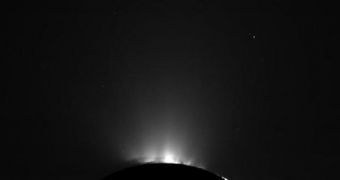 This is a raw image of Enceladus' south pole, collected by Cassini on October 19, 2011