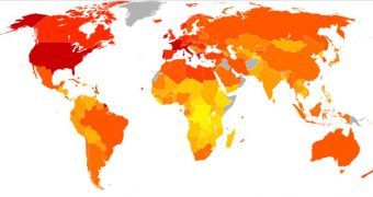 Map of Energy consumption (kcal/person/day) per country in 2001-2003. World average was 2,800 kcal/person/day