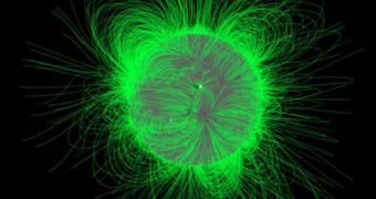 This illustration shows convoluted magnetic field lines extending out all over the Sun