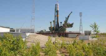 The Soyuz TMA-19 spacecraft is seen here erected at its launch pad in Kazakhstan