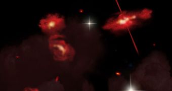 This artist's conception portrays four extremely red galaxies that lie almost 13 billion light-years from Earth