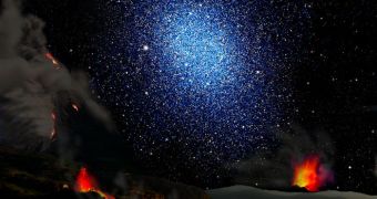 This image shows a dwarf galaxy seen from the surface of a hypothetical exoplanet. A new study finds that the dark matter in dwarf galaxies is distributed smoothly rather than being clumped at their centers