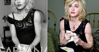 Madonna for Dolce & Gabbana, after and before Photoshop