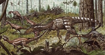 Image shows predatory dinosaur Tachiraptor admirabilis attacking a herd of Laquintasaura