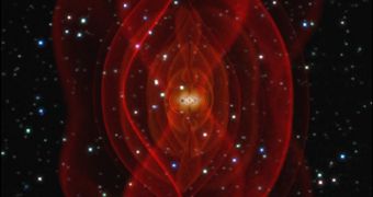 Computer simulations of gravitational waves produced during the merging of two massive cosmic bodies
