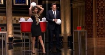 Nina Dobrev bests Jimmy Fallon in a game of giant beer pong