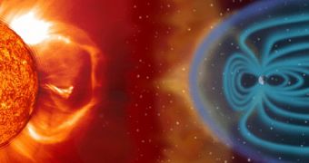 Artistic impression of the interaction between the solar wind and the Earth magnetosphere