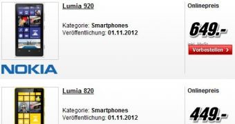 Nokia Lumia 920 and 820 price tags