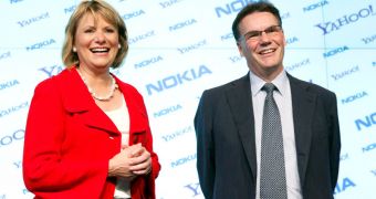 Yahoo! CEO Carol Bartz and Nokia CEO Olli-Pekka Kallasvuo announcing the alliance between the two companies