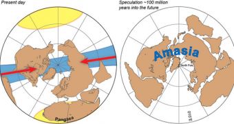 The image to the right shows the arrangement of continents around 100 million years from now, as proposed by the Yale team