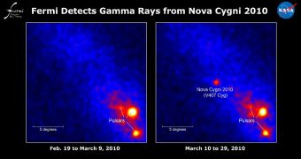 LAT saw no sign of a nova in 19 days of data prior to March 10 (left), but the eruption is obvious in data from the following 19 days (right)