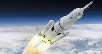 Artist's impression of the Space Launch System leaving Earth
