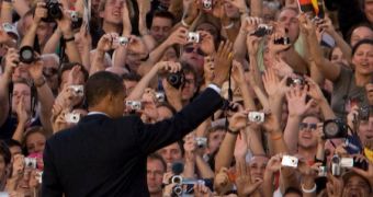 Barack Obama speaks to a crowd estimated at over 250,000 in Tiergarten Park in Berlin, Germany