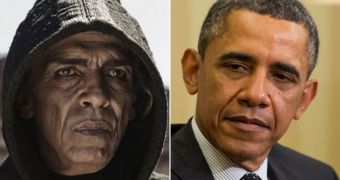 Mohamen Mehdi Ouazanni as Satan in “The Bible” and US President Barack Obama