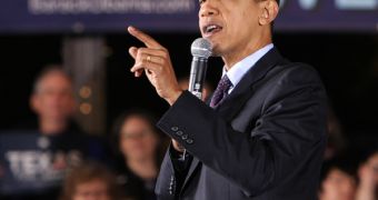 Obama delivering a speech during his presidential campaign