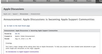 Apple Discussions post by Apple announcing switch to Apple Support Communities - screenshot