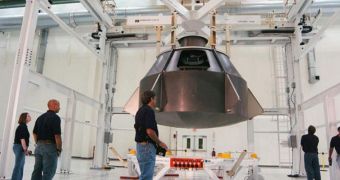 A full-scale model of the Orion spacecraft, undergoing operations at the Kennedy Space Center, in Florida