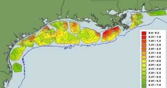 This map shows dissolved oxygen levels in the Gulf of Mexico for 2009 in milligrams per liter. Zones with concentrations less than 2 milligrams per liter are considered hypoxic