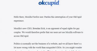 OkCupid protests Mozilla (Click to view full message)