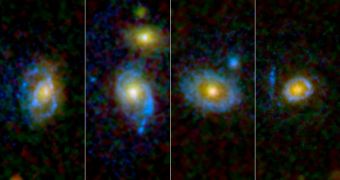 Astronomers have found unexpected rings and arcs of ultraviolet light around a selection of galaxies, four of which are shown here