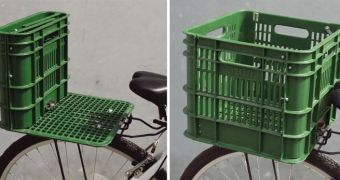 Recycled milk crates turned into green bike seats and baskets