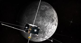 An artist concept of the ARTEMIS spacecraft in orbit around the Moon