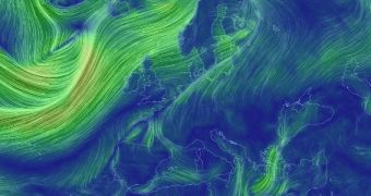 Wind flow patterns as they appeared over Europe at 08:56 UTC on December 17, 2013