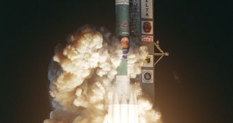 Delta II rocket lifting into space with Opportunity on board, in July, 2003