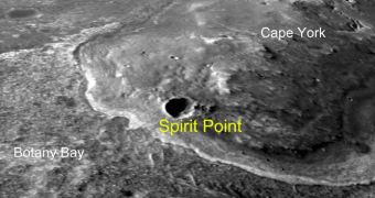 This oblique view with moderate vertical exaggeration shows the portion of the rim of Endeavour crater given the informal name "Spirit Point"