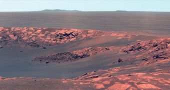 A partial view of the Intrepid crater on Mars, which was imaged by Opportunity on November 9 to mark the 41st anniversary of the Apollo 12 mission