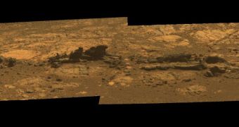 Rock fins up to about 1 foot (30 centimeters) tall dominate this scene from the panoramic camera (Pancam) on Opportunity