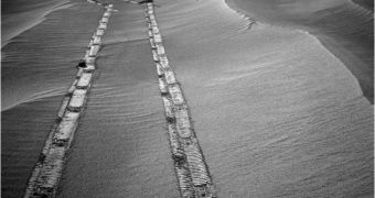 Photo of the tracks Opportunity left behind on the Red Planet