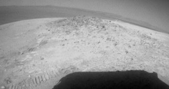 Opportunity drove about 12 feet (3.67 meters) on May 8, 2012, after spending 19 weeks on Greeley Haven