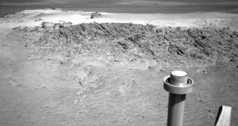Opportunity used its navigation camera to capture this view of a northward-facing outcrop, Greeley Haven, where the rover will work during its fifth winter on Mars