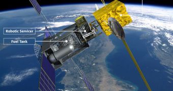 This rendition shows the SIS vehicle repairing an Intelsat satellite in Earth's orbit
