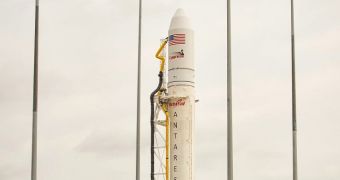 The Antares rocket with the Cygnus spacecraft on top, ready to launch from the Mid-Atlantic Regional Spaceport (MARS) Pad-0A at NASA's Wallops Flight Facility, set for the ISS