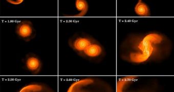 Supercomputer model snapshots, showing the merger of two early galaxies, and the emergence of a supermassive black hole